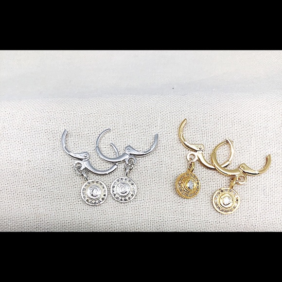 Diamond Disc Dangle Lever Back Hoops Earrings Gold Vermeil & Sterling Silver NWT - Picture 3 of 8